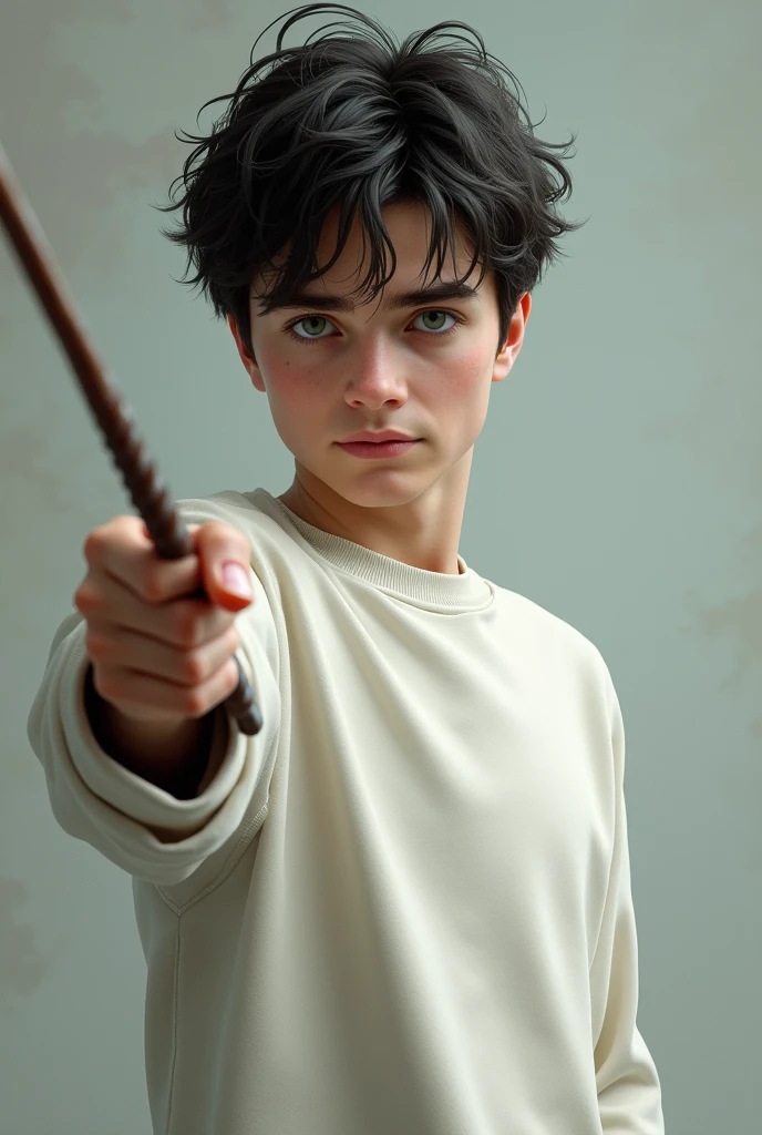 harry potter with wand and glasses wearing a white sweatshirt 
