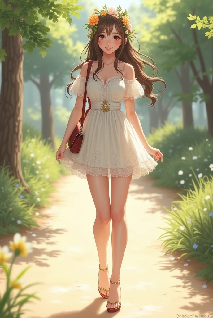 Ultra high quality,High heel,Long legs,Smile,Sunlight,Lace off-the-shoulder,White Dress,Wear flowers on your head,student,charming,Ribbon