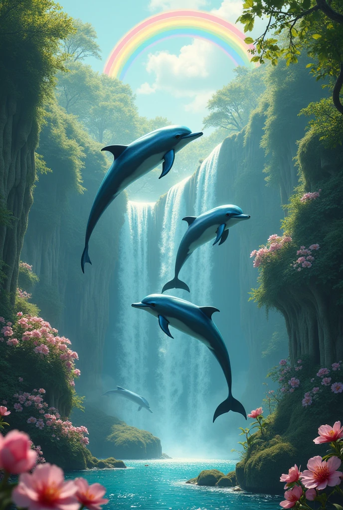 Dolphins in a magical fantasy world with flowers, waterfalls, rainbow and they are swimming and flying