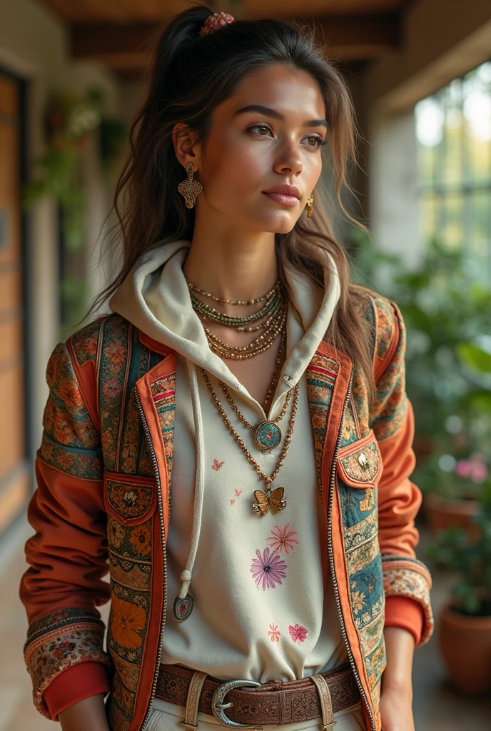 {Outfit Details:} A rich, eclectic ensemble featuring a jacket with intricate embroidery and patchwork design, made from repurposed fabrics. The jacket is paired with a soft, pastel-colored hoodie crafted from organic materials, with floral and butterfly motifs. The look is accentuated with layered, eco-conscious jewelry made from upcycled metals and stones, and a striking belt with a mix of modern and traditional patterns, showcasing sustainable and ethical fashion choices.
{Background:} The scene is set in a futuristic, eco-friendly boutique with reclaimed wood furnishings and vertical gardens, reflecting the harmonious blend of fashion and nature.
{Image Type:} Photorealistic fashion editorial.
{Art Style:} Realism with a focus on color richness and fabric texture.
{Camera Details:} Close-up shot highlighting the intricate embroidery and texture of the outfit, with a shallow depth of field to softly blur the background.
{Lighting:} Warm, soft lighting that enhances the vivid colors and details of the outfit, creating an inviting and luxurious atmosphere.
{Resolution and Lighting Keywords:} Ultra-high definition, HDR, warm tones, sharp focus on embroidery details.
