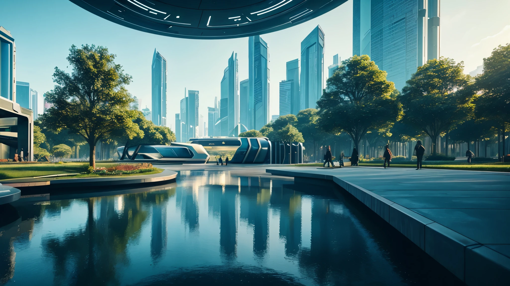 scifi, futuristic park, architectual, space design, cyberpunk, futuristic, hightech, hard-surface design, daylight, much tech, much electronic, very cozy, ambient light, realistic view, wide angle, year 2124