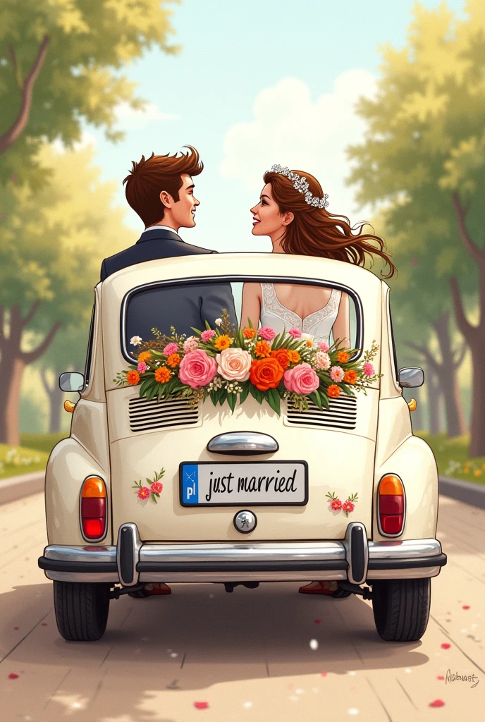 A drawn picture. Bride and groom sitting in a wedding car. Bride and groom have brown hair. You can see them through the rear window of the car. The car is a Peugeot with Peugeot logo and decorated with flowers. The license plate says “just married”
