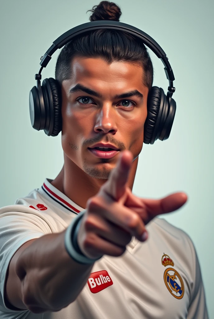 Cristiano Ronaldo as YouTuber with headphones and subscribe with no background