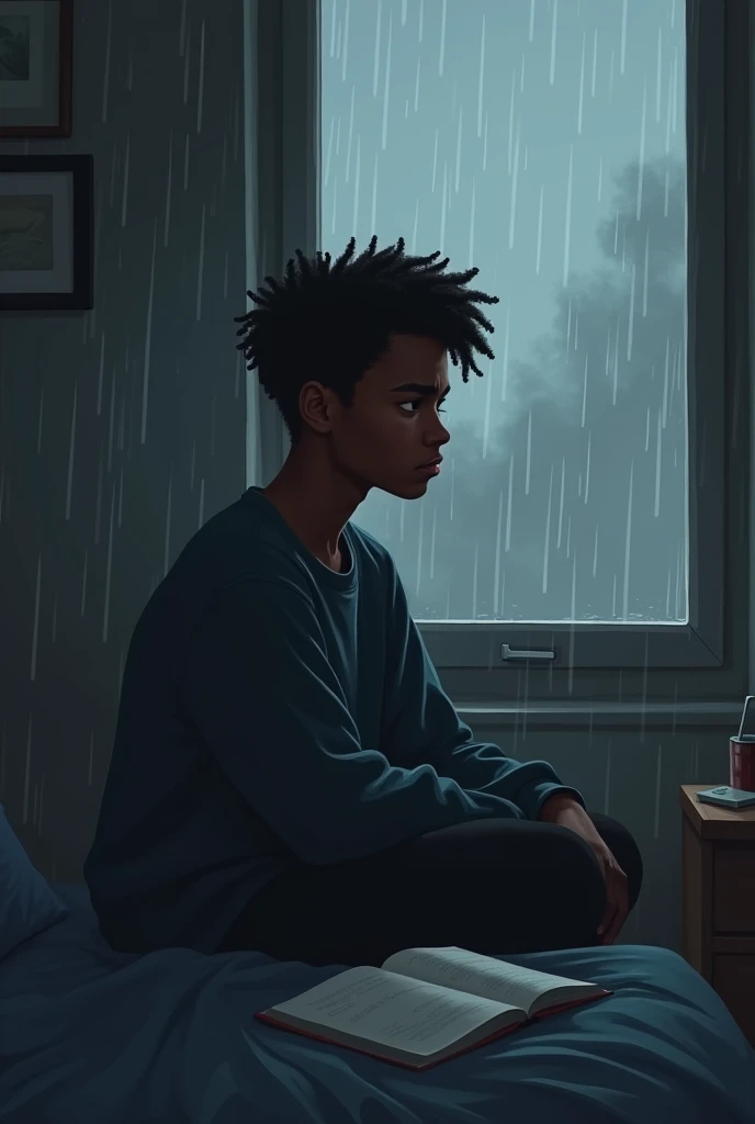 A dark-skinned teenager of approximately sitting in his room on a cold, rainy day. The room is simple, with modest decoration. The young man is sitting on the edge of the bed or in a chair, with a worried and thoughtful expression, reflecting on the future. by the window, the rain is visible, falling in drops and creating a dark and melancholic atmosphere. The teenager is dressed casually, maybe with a sweater or sweatshirt, and there is a book or notebook next to you, suggesting that he is studying or reflecting on his plans. The dim light of the gray day enters through the window, softly illuminating the young man's face