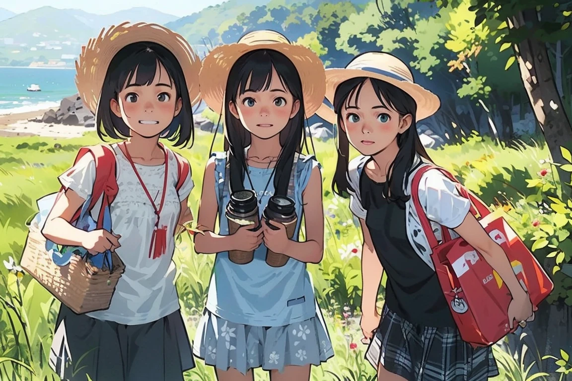 masterpiece, Highest quality,plural, Three Girls, (At the lighthouse on the cape:1.2)、Black Hair, short hair、Long Hair, Hair ties, hair band, hair ornaments, Straw hat、Shorts, skirt、dappled daylight、Outdoor, nature, wood々、 Grassland、countryside、Suburban、