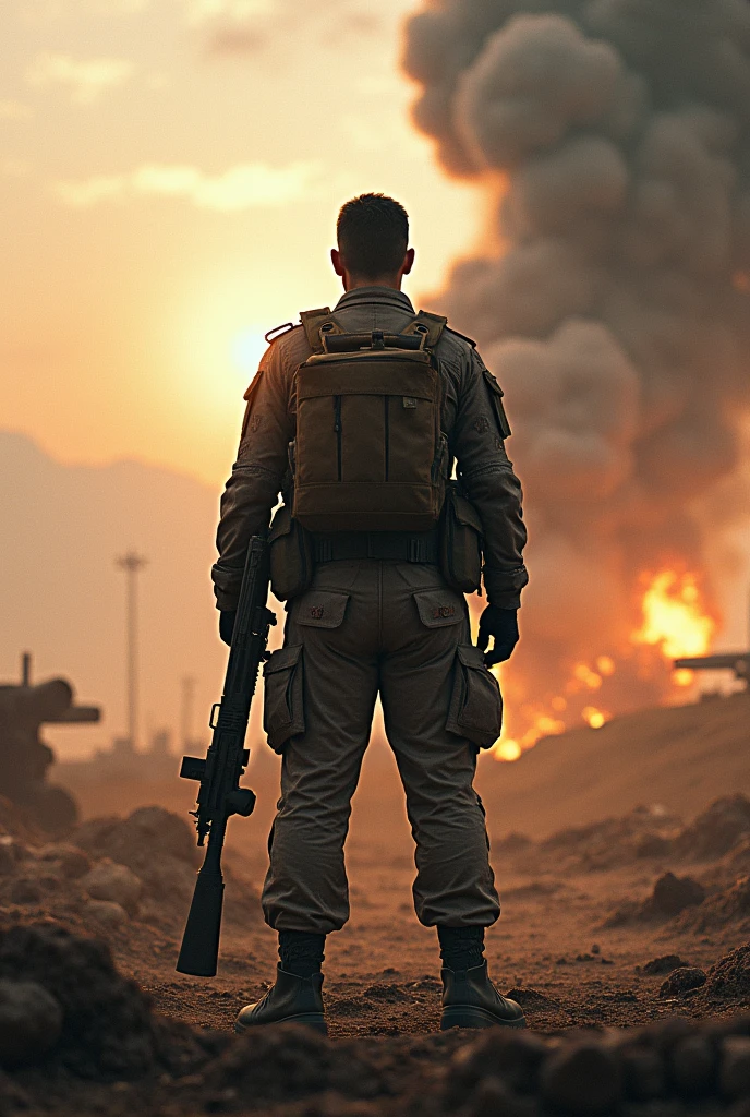 A dark and ultra-realistic battlefield scene at night, showing a lone soldier viewed from behind, standing amidst a vast, war-torn landscape. The soldier is small in the frame, emphasizing the immense and desolate environment around him. The scene is dimly lit, with subtle highlights on the soldier's gear and uniform, while the background fades into darkness, punctuated by faint glows of distant fires or explosions. The overall mood is tense, with an atmosphere of solitude and uncertainty
