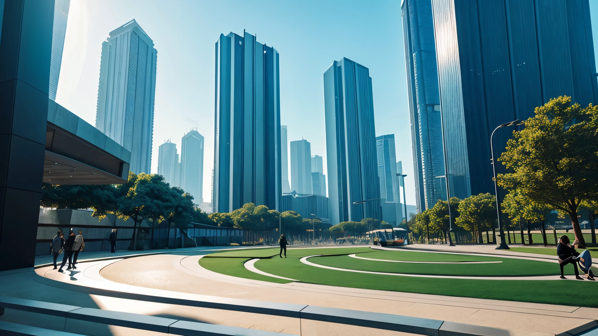 scifi, futuristic park, architectual, space design, cyberpunk, futuristic, hightech, hard-surface design, daylight, much tech, much electronic, very cozy, ambient light, realistic view, wide angle, year 2124