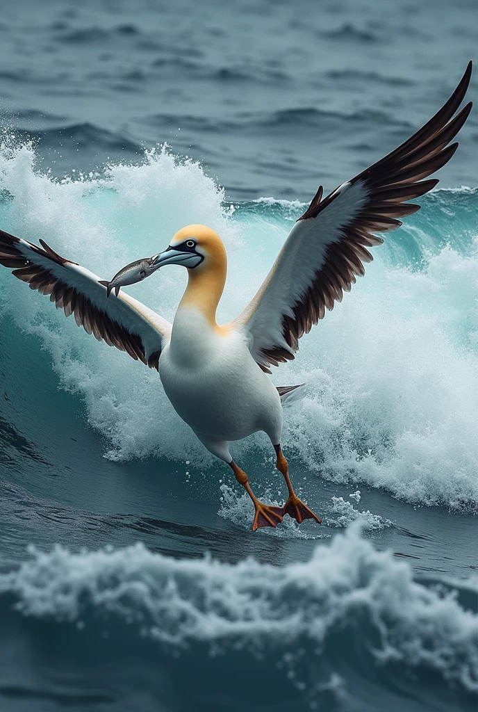 A gannet coming out of the water with a fish
