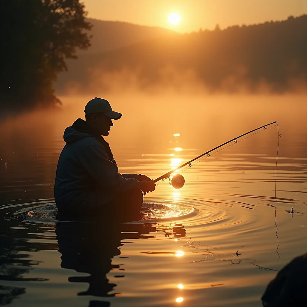On the lake in the early morning, an angler sat quietly, waiting for the fish to take the bait. The sun shines on the water, creating golden waves. Use a low angle shot to capture the morning light and the silhouette of the angler. Beautiful cinematic lighting, surreal, color graded, dynamic movement, captivating chiaroscuro, full body, award-winning, cinematic still, emotional, vignette, dynamic, vivid, (masterpiece, best quality, photorealistic, Professional, perfect composition, very aesthetic, absurdres, ultra-detailed, intricate details:1.3)