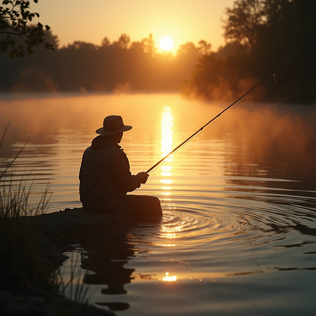 On the lake in the early morning, an angler sat quietly, waiting for the fish to take the bait. The sun shines on the water, creating golden waves. Use a low angle shot to capture the morning light and the silhouette of the angler. Beautiful cinematic lighting, surreal, color graded, dynamic movement, captivating chiaroscuro, full body, award-winning, cinematic still, emotional, vignette, dynamic, vivid, (masterpiece, best quality, photorealistic, Professional, perfect composition, very aesthetic, absurdres, ultra-detailed, intricate details:1.3)