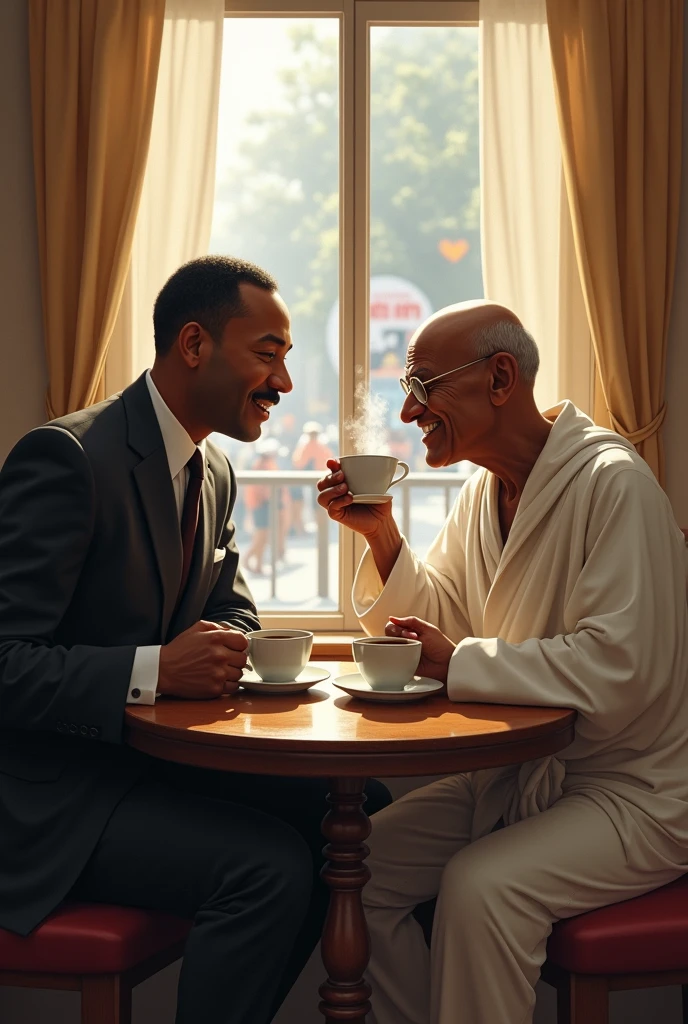 Martin Luther King and Mahatma Gandhi posing together as friends having a coffee