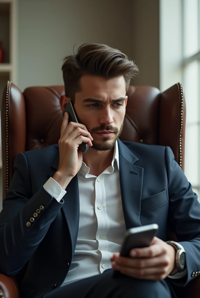 An important young man thinking sitting office chair with a phone in his hand