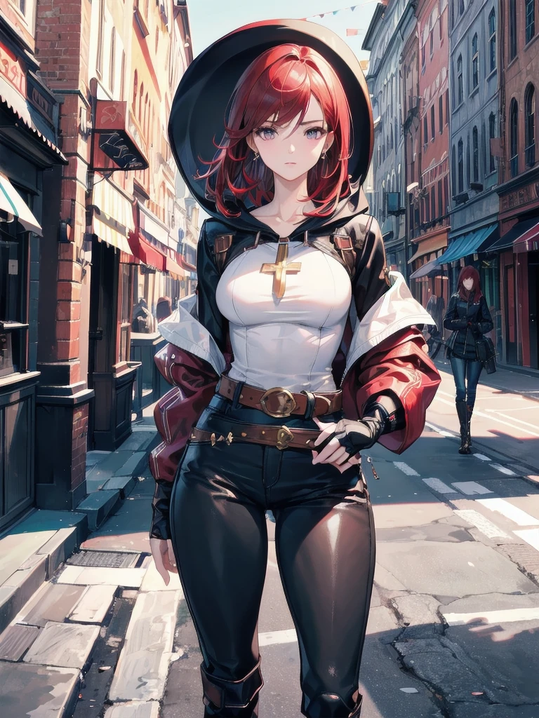 absurdres, RAW photo, extremely delicate and beautiful, masterpiece, Highest Quality, ultra high resolution, 32k, hyperrealistic, realistic, photorealistic, photo-realistic, Real, ultra-detailed, Very detailed CG 8k wallpaper, detailed background, landscape, Beautiful Lighting, Perfect Lightning, Realistic Shadows, perfect anatomy, anatomically correct, ideal ratio body proportions, perfect figure, Perfect Style, Perfect balance, super Detailed skin, in her 30s, very Slim body, narrow waist, very small head, very small face, delicate facial features, handsome detailed woman, very detailed eyes and face, realistic face proportions, Realistic beautiful face, Realistic beautiful eyes, tearful mole, earring, whole body shot, very huge round tits, medium hair, asymmetrical hair, red hair, cool cowgirl, fantasy adventurer, cowboy hat, decorated hooded armor jacket, cross belt, Brown leather pants, Red leather long boots,