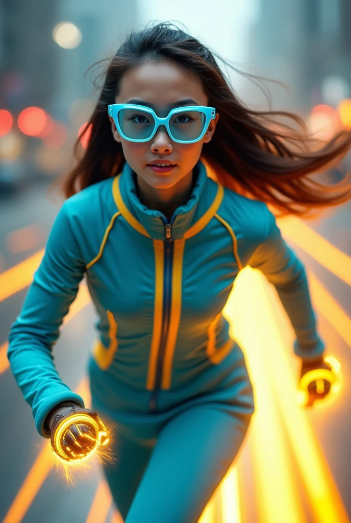 Chinese women average  wear jumpasuit high tech(( blue yellow)). Running effect. Glowing yellow power. Runfast effect. Wear blue big glasses big frame.running speed of light. running athlete. Braces teeth. Bokeh background. Panning effect. Yellow high tech watch. a beautiful young chinese women, , wearing a high-tech blue and yellow loose jumpsuit, photorealistic, detailed facial features, long hair, elegant pose, dynamic lighting, 8k, award-winning digital art, intricate details, vibrant colors, cinematic composition. very fasr run, highly detailed. light trail effect. speed of light. froze time effect. at the city.
