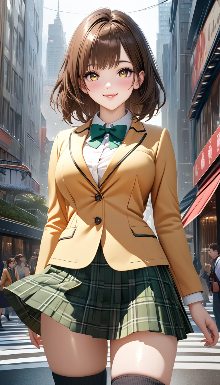 (masterpiece,ultra-detailed,best quality,8K,CG,realistic,illustration:1.2),(perfect-composition,detailed beautiful face,Clean skin,photographical skin,shiny skin,shiny hair, photographical hair,ultra detailed eyes,shaved,kawaii,uncensored:1.1),smile,medium hair, 1girl, solo, brown hair, brown eyes,large breast,winter school uniform, green bowtie, white shirt, yellow blazer, buttoned blazer,plaid skirt, green skirt,thigh socks,from front,smile,blushing,cowboy shot,standing arms behind,glossy lips,outdoor,city