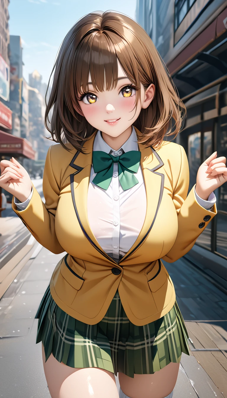 (masterpiece,ultra-detailed,best quality,8K,CG,realistic,illustration:1.2),(perfect-composition,detailed beautiful face,Clean skin,photographical skin,shiny skin,shiny hair, photographical hair,ultra detailed eyes,shaved,kawaii,uncensored:1.1),smile,medium hair, 1girl, solo, brown hair, brown eyes,large breast,winter school uniform, green bowtie, white shirt, yellow blazer, buttoned blazer,plaid skirt, green skirt,thigh socks,from front,smile,blushing,cowboy shot,standing arms behind,glossy lips,outdoor,city