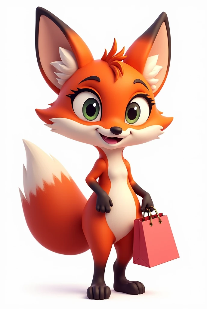I want to create an avatar for my TikTok channel called Shopping Addict. Avatar size requirement is square, White background, features a mischievous female fox shopping.