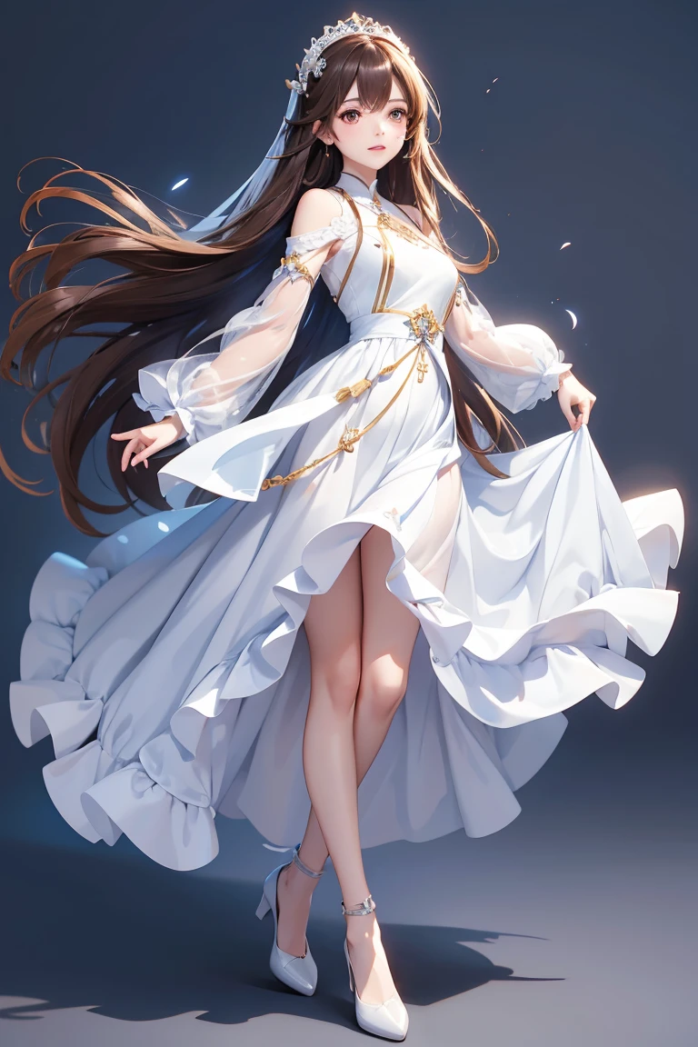 Masterpiece, Best quality, 1 Female, young girl, Sister, brown eyes, long hair, smoky mix brown color hair, resolute eyes, white mix blue dress, long white eardrop, morden, frontal photo, blank background, remove background, anime, illustration, full body