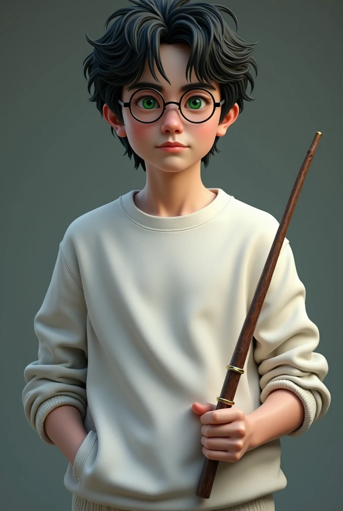 harry potter with glasses and wand with a white sweatshirt