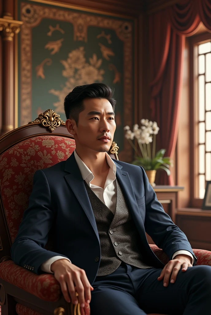 A handsome chinese man, sitting in a chair in a big house