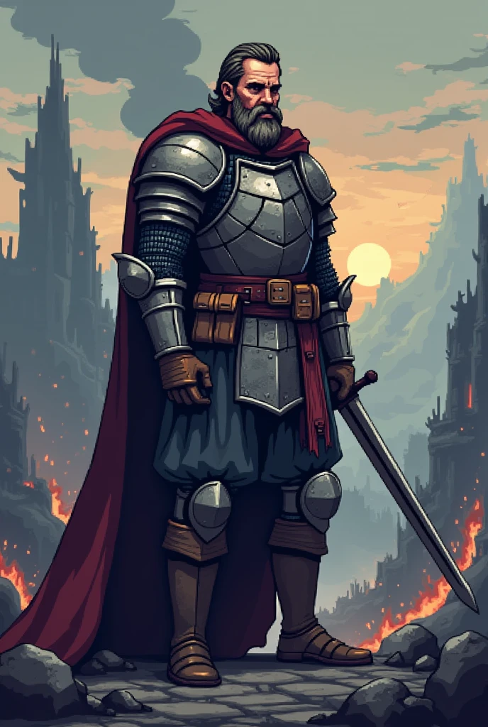 Make pixel art,a medieval warrior who saw his kingdom destroyed