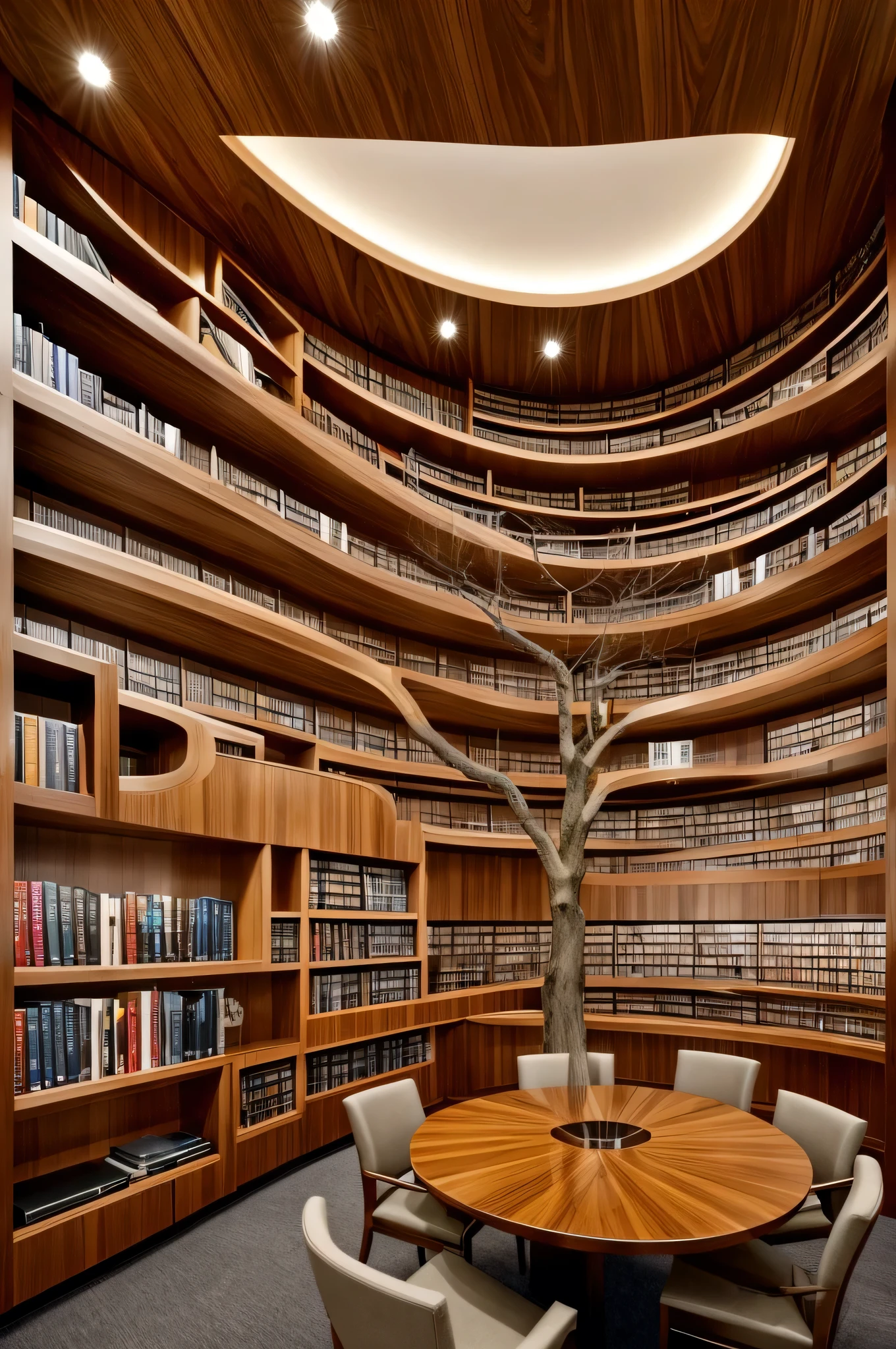 A modern and artistic library with a tree-shaped bookshelf as the central focus. The bookshelf, intricately designed to resemble a tree, has branches that extend outwards and hold a variety of books. The shelves are illuminated with soft, warm lighting, creating a cozy and inviting atmosphere. The tree’s roots spread out at the base, anchoring the structure, while the background wall is made of a sleek, dark wood paneling. The overall scene blends creativity with functionality, making the library both a place of knowledge and a work of art.