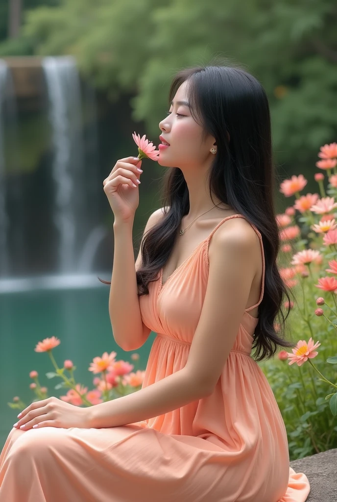 ((The Peeping Tom's Perspective)) A beautiful asian and young girl.Her facial features are exquisite and fully conform to the golden ratio of human anatomy...Her long, black hair, Big breasts, huge chest, fat body, thick women, beautiful scenery, big breasts, big breasts, big , busty , big breast, big , wearing a beautiful sexy peach maxi dress, sitting at the flower garden, waterfall, sexy pose , holding a flower in her hands, enjoying her time, smelling the flowers , big breasts