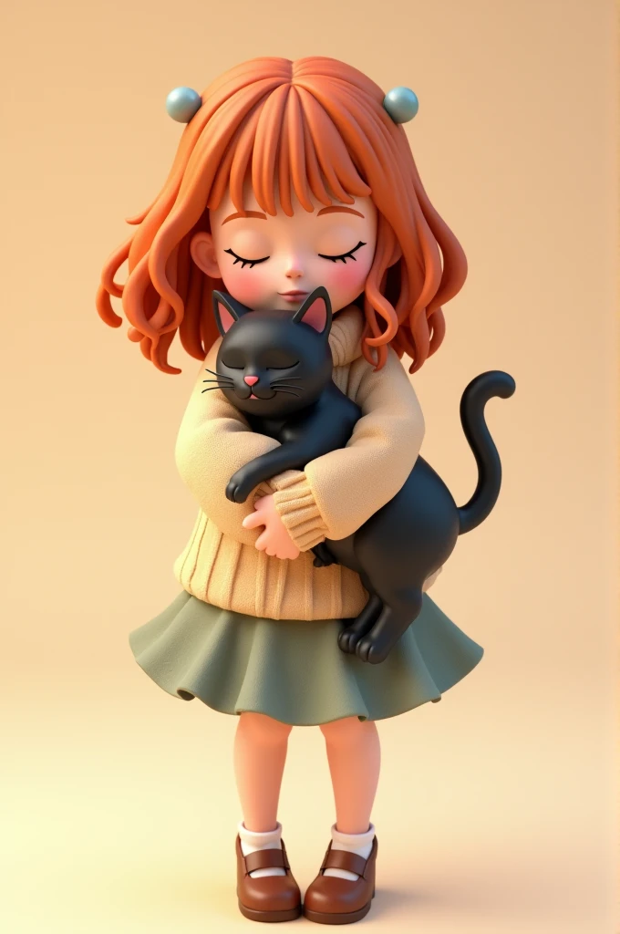 Cute  with medium-length amber hair, wearing a skirt and a sweater, holding a black cat in her arms, 3D Rendering, solid color background, specific, chibi anime, surrealism, cartoon style, full-body shot, super detail, anatomically correct, masterpiece, precise