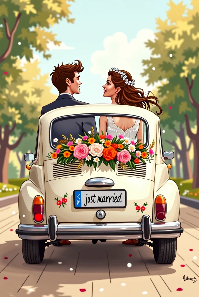 A drawn picture. Bride and groom sitting in a wedding car. Bride and groom have brown hair. You can see them through the rear window of the car. The car is a Peugeot with Peugeot logo and decorated with flowers. The license plate says “just married”