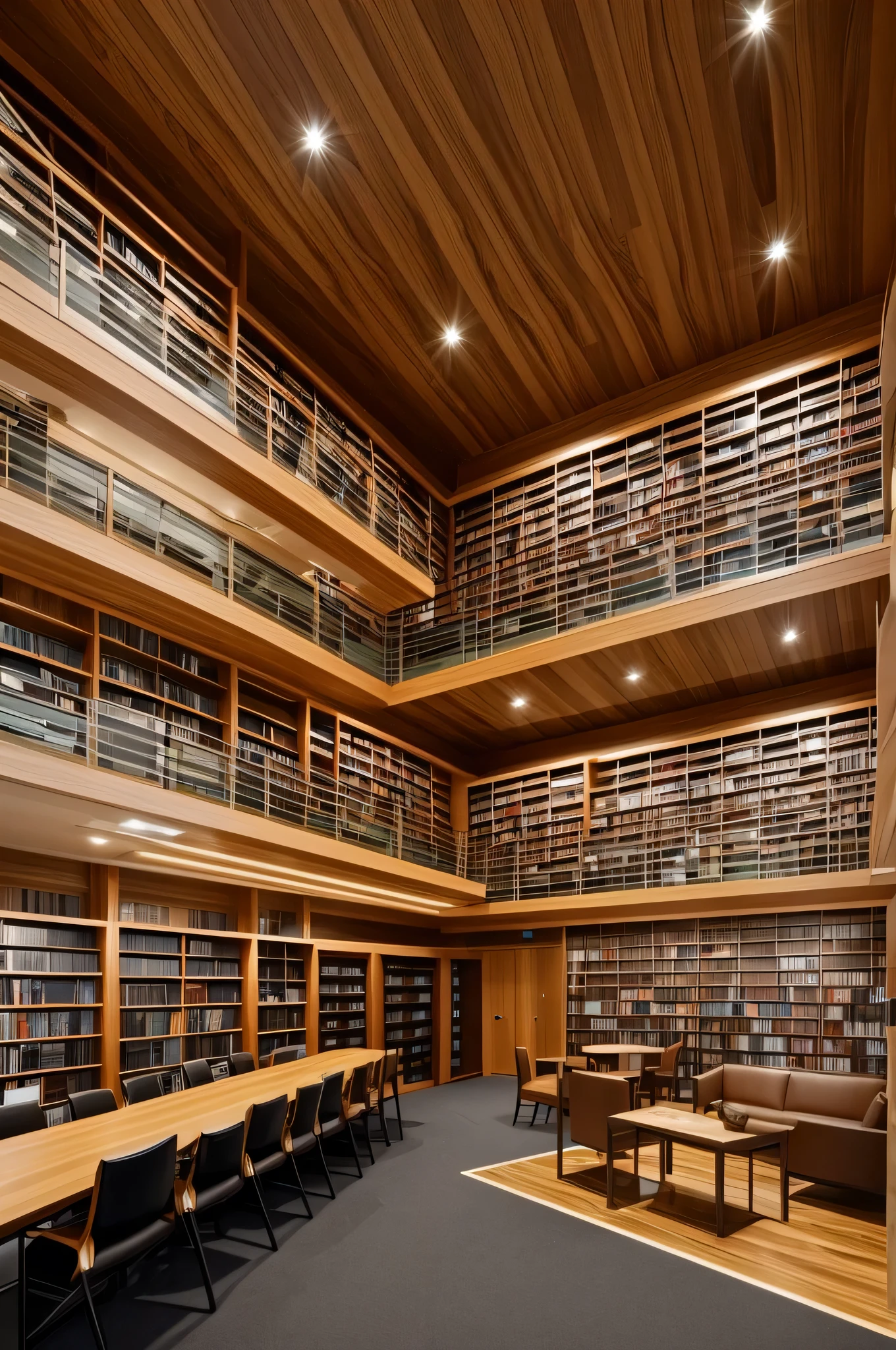 A modern and artistic library with a tree-shaped bookshelf as the central focus. The bookshelf, intricately designed to resemble a tree, has branches that extend outwards and hold a variety of books. The shelves are illuminated with soft, warm lighting, creating a cozy and inviting atmosphere. The tree’s roots spread out at the base, anchoring the structure, while the background wall is made of a sleek, dark wood paneling. The overall scene blends creativity with functionality, making the library both a place of knowledge and a work of art.