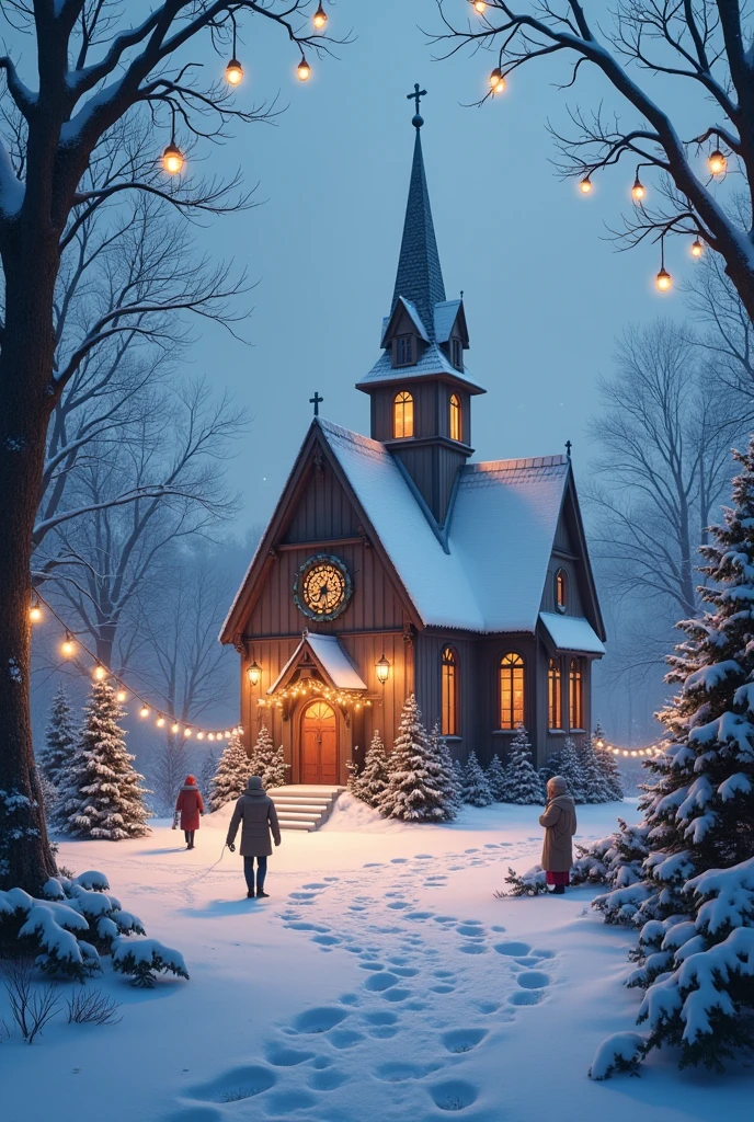Create a serene winter landscape with gently falling snowflakes blanketing the ground. In the center of the scene, depict a charming, old-fashioned church adorned with festive Christmas decorations. The church should have glowing windows, a warmly lit interior visible through the glass, and wreaths and garlands decorating its façade. Surround the church with snow-covered trees and twinkling Christmas lights, creating a cozy and magical holiday atmosphere. Add subtle details like footprints in the snow and a few people bundled up in winter attire to bring the scene to life