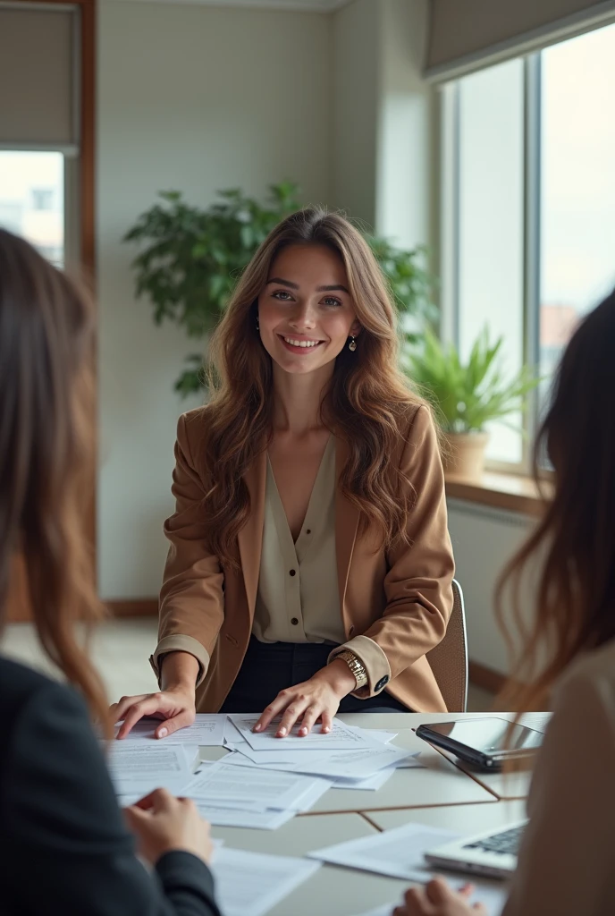 (photorealism:1.2), Girl age 25, Long Brown wavy hair, Brown eyes, sitting in a meeting for her next DJ party together with other people