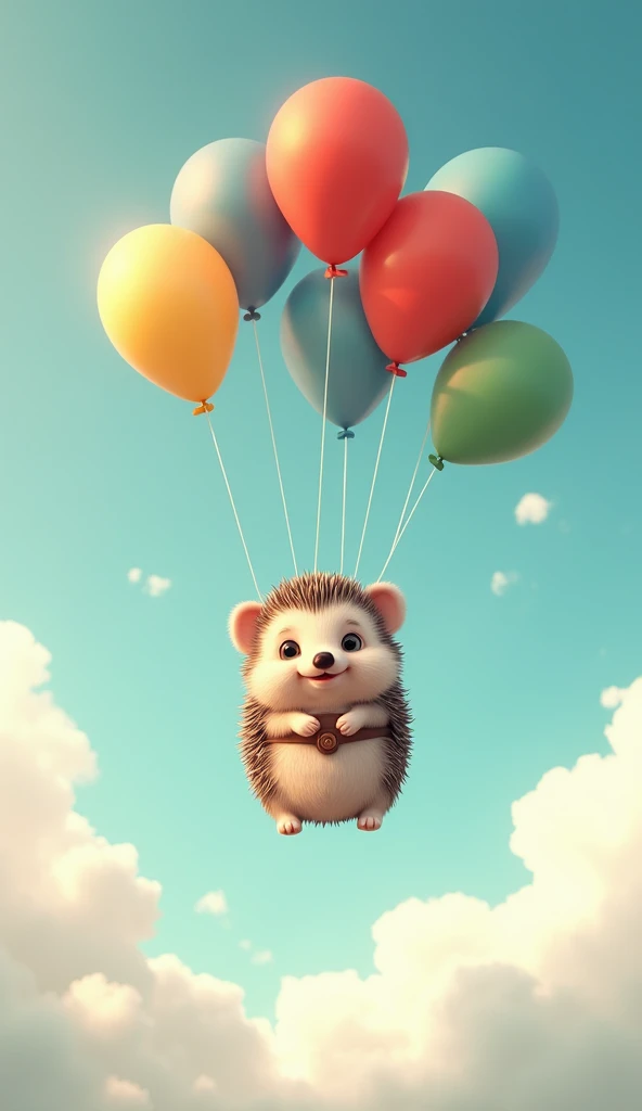 A cute hedgehog is flying in the sky with lots of balloons