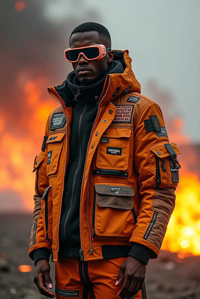 {Outfit Details:} A striking, futuristic jacket made from fire-resistant, sustainable materials, featuring bold prints and patches inspired by environmental activism and futuristic technology. The jacket is adorned with high-tech details, including smart textiles and reflective elements. The look is completed with oversized, high-tech visor sunglasses, showcasing the perfect blend of fashion and function.
{Background:} The model stands in a barren, post-apocalyptic landscape with charred trees and smoky skies, symbolizing the harsh effects of climate change.
{Fire Element:} Flames envelop the jacket, symbolizing resilience and the fight against environmental destruction, with fire-resistant technology ensuring the jacket remains intact.
{Image Type:} Photorealistic, high-fashion editorial.
{Art Style:} Hyper-realistic with a focus on the contrast between fire and the futuristic outfit.
{Camera Details:} Medium shot capturing the upper body, with flames prominently surrounding the model, emphasizing the strength and durability of the outfit.
{Lighting:} Warm, dramatic lighting from the fire, combined with the natural light of a setting sun, creating a powerful, intense atmosphere.
{Resolution and Lighting Keywords:} Ultra-high resolution, HDR, vibrant colors, strong contrast, cinematic lighting.
{Inspirations:} The outfit and scene draw inspiration from the dystopian aesthetic of Mad Max, the innovative, sustainable designs of Virgil Abloh, and the resilience symbolized in Balenciaga's high-concept fashion.