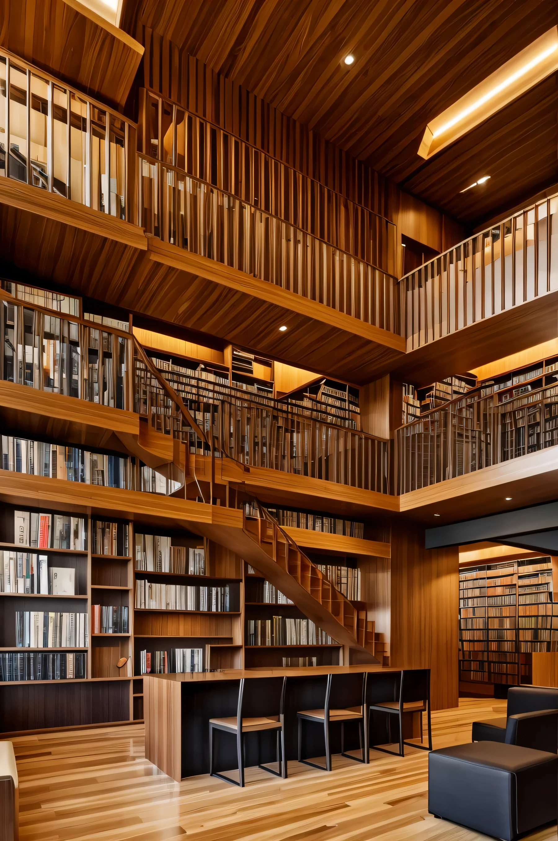 A modern and artistic library with a tree-shaped bookshelf as the central focus. The bookshelf, intricately designed to resemble a tree, has branches that extend outwards and hold a variety of books. The shelves are illuminated with soft, warm lighting, creating a cozy and inviting atmosphere. The tree’s roots spread out at the base, anchoring the structure, while the background wall is e of a sleek, dark wood paneling. The overall scene blends creativity with functionality, making the library both a place of knowledge and a work of art.