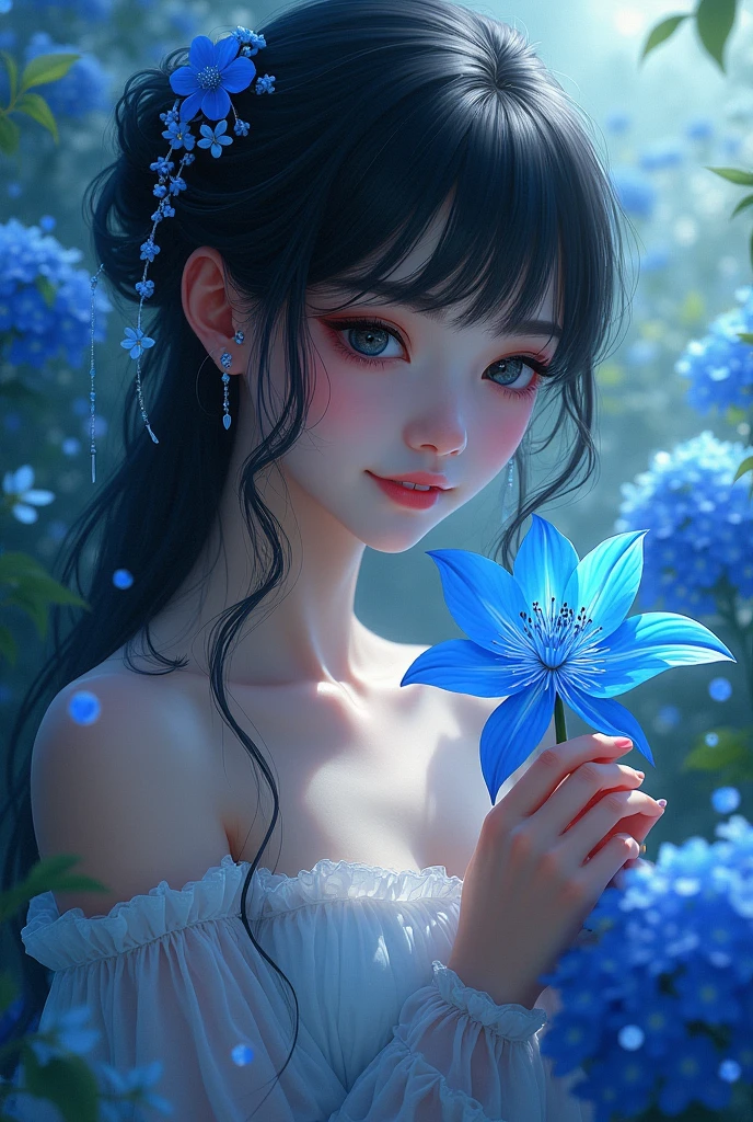 A girl with flowing jet black hair, wearing a dress. Both of his eyes have different colors, one is black and one is blue. Holding a blue spider lily flower, looking at the flowers with a warm smile. There are cherry blossoms around it, Blue Hydrangea, and forget-me-not flowers. Be in a cool place, calm, and peace.