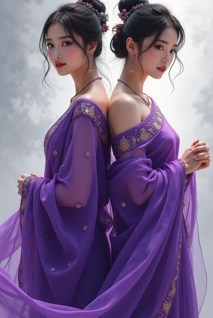 "Chinese actresses gracefully adorned in vibrant traditional Indian violet sarees"
