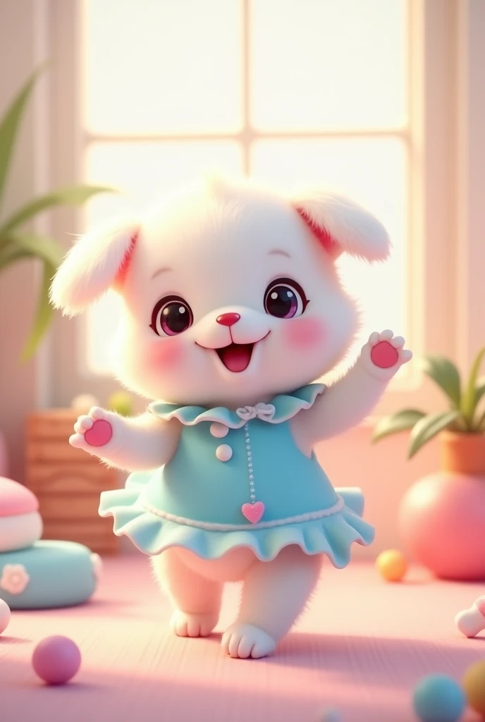 A small puppy dog standing on its hind legs,The cutest white puppy I know,The most adorable looking thing I've ever seen!!!,
Cute Background,He dances,
She is wearing a light blue frilly outfit like a cute idol..