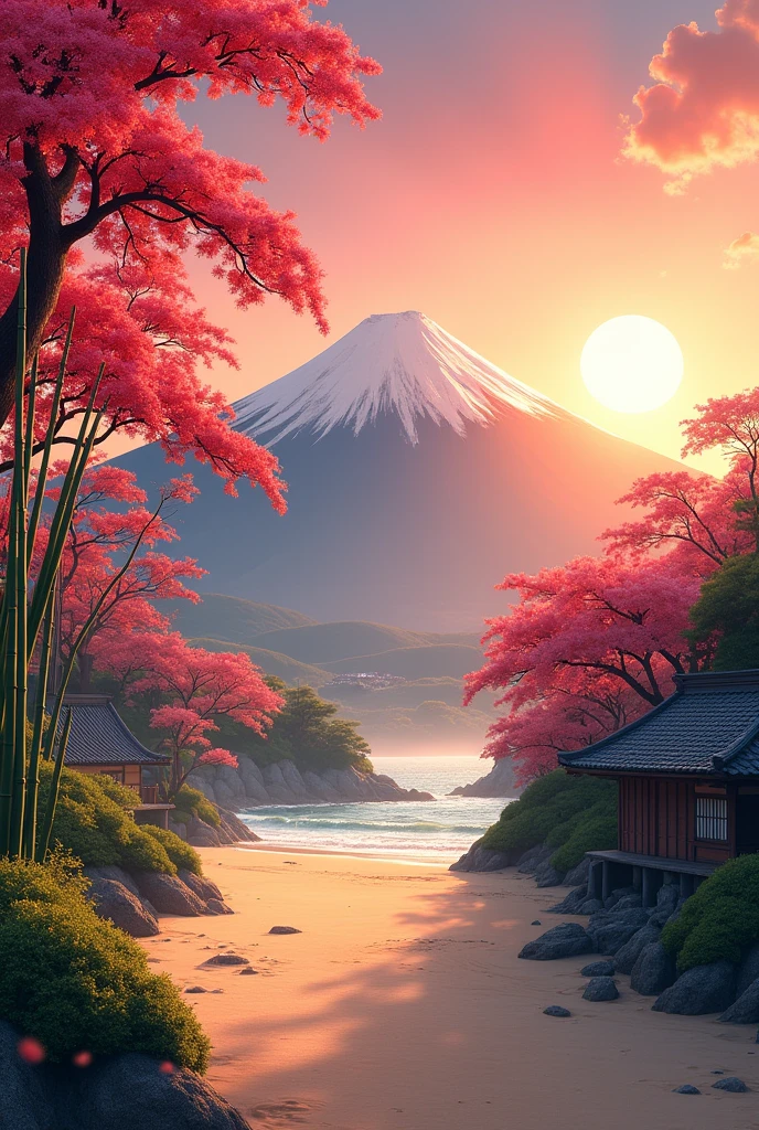 1080 x 2400 size. beach. red cherry trees. green bamboos. sunset. fuji background. japaneese houses surroundinds
