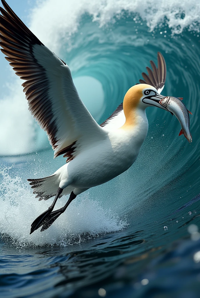 A gannet coming out of the water with a fish
