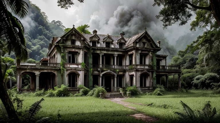 A wide shot of an old, abandoned mansion situated amidst lush green mountains. The mansion has an eerie, dilapidated look with overgrown vegetation around it. The atmosphere is misty, with a foreboding sense of unease.