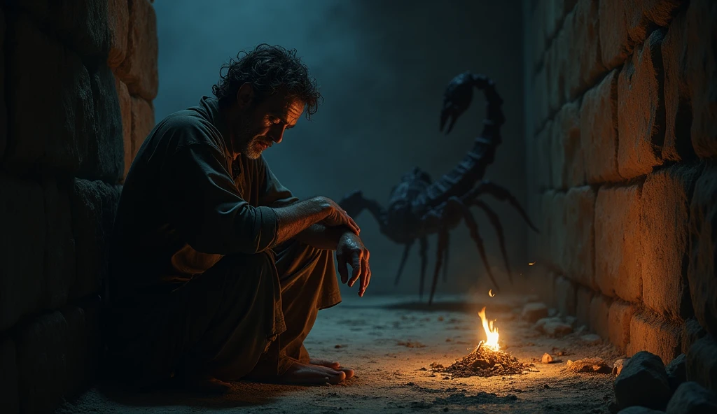 A man sitting on the floor of a dark cell, with his face illuminated by a small flame. in the shadows, the presence of the scorpion is hinted at, creating an atmosphere of imminent danger.