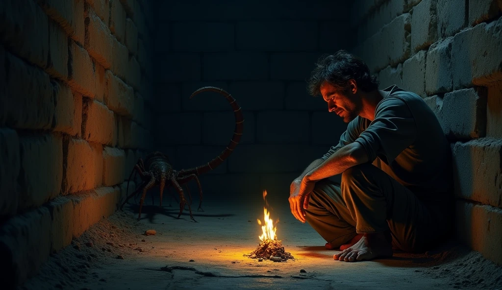 A man sitting on the floor of a dark cell, with his face illuminated by a small flame. in the shadows, the presence of the scorpion is hinted at, creating an atmosphere of imminent danger.