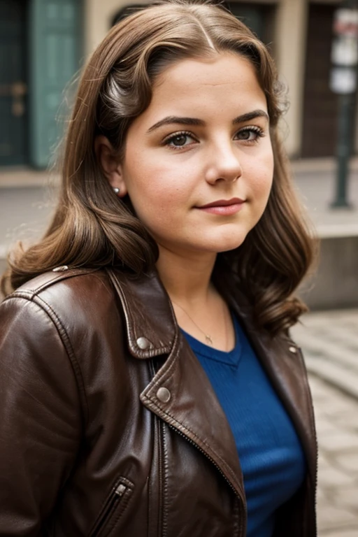 Medium view, of young aged, , mom, gilf, milf, face portrait, jewish features, chubby, long hair, brown hair, 1940s hair style, 1940s clothing, leather jacket, in berlin 1936, sweaty
