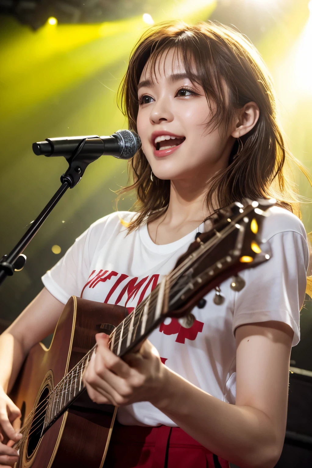 realistic, singing while playing the acoustic guitar, the left hand is holding down the guitar strings, the right hand is strumming the guitar, short stature, on the stage of the concert, brightly lit by spotlights on the stage, extremely bright lighting, singing passionately, wearing red t-shirt, open widely chest, wearing indigo dennim pants, medium-length light-bronde hair, hair is blowing in the wind, hair is shaggy and dishevelled, beautiful white-colored translucent skin, sweat splashes, slendar figure, heavy and vivid makeup, shaped nose, smooth shaped jawline, glossy face, heavy flushed cheeks, big smile, close up shot