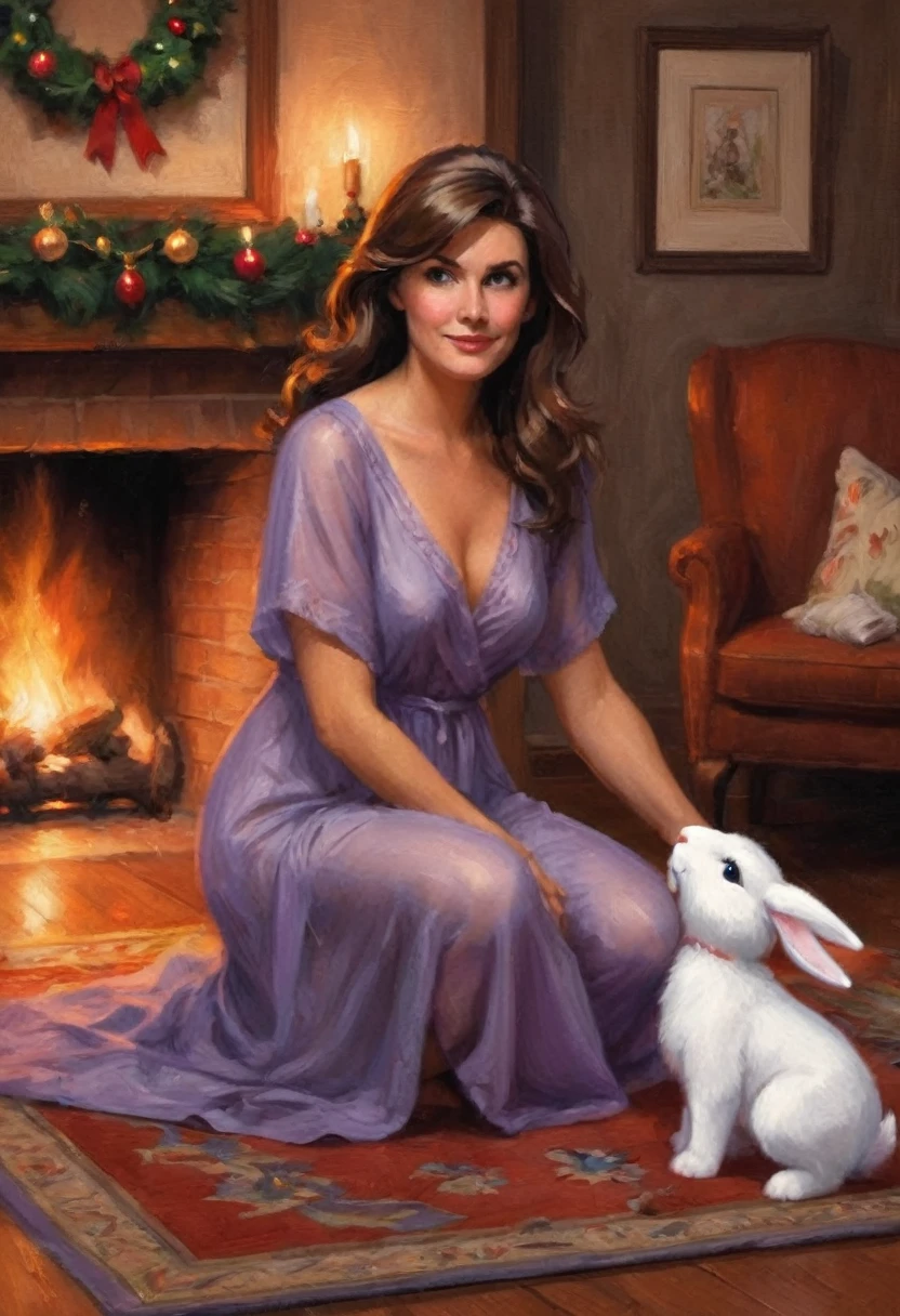 The Big Hero, Aunt Cass, (airy small colorful night gown, open, no underwear), christmas decorated living room, kneeling on a rug by the fireplace, playing with a fluffy bunny, sultry looks to viewer
