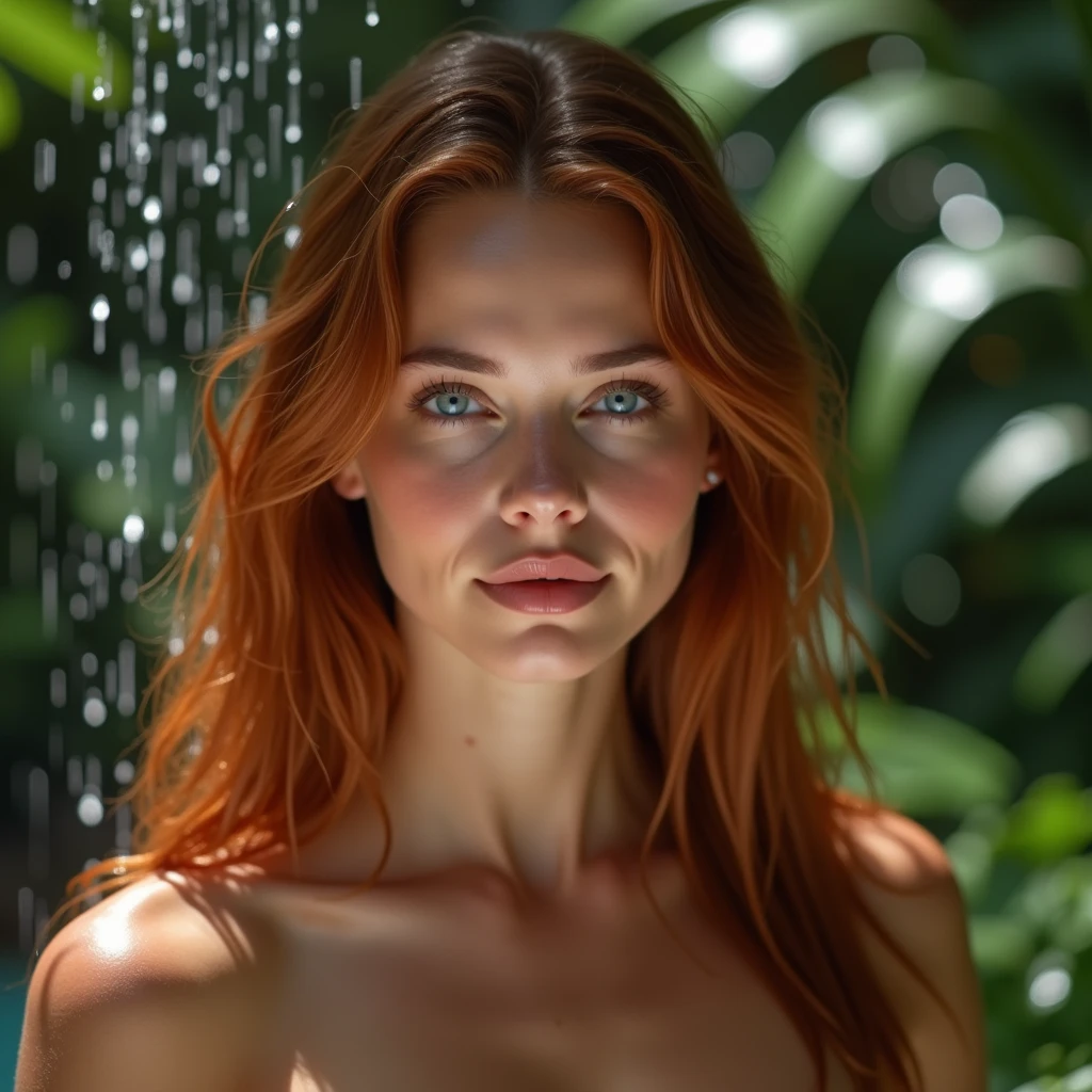 gorgeous forty year old woman with short wet wavy auburn hair, looking up at the camera, head tilted, standing in a pond, water up to her chest, at night, wearing a long chiffon gown, detailed alluring eyes, confident smile, toned legs, ((detailed facial features)), (finely detailed skin), (pale skin::1.2), blush, realistic skin texture, extreme skin details, (pores:0.1), best quality masterpiece, photorealistic, hyperrealistic, detailed, 8k, HDR, (Soft color: 1.2), shallow depth of field, nighttime, soft light, backlighting, bloom, light sparkles, chromatic aberration, sharp focus, RAW color photo