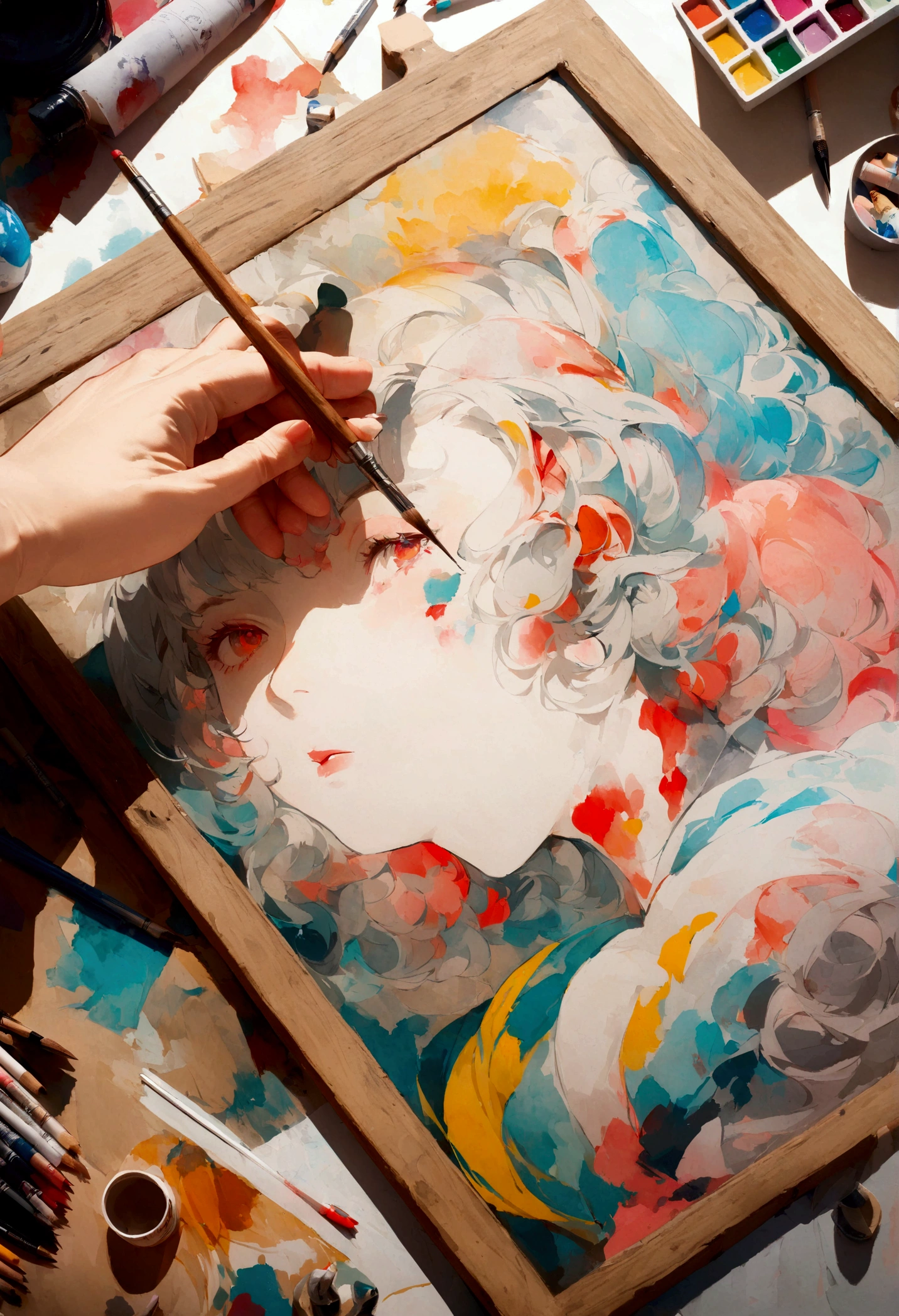 A skilled rabbit painter in a studio, surrounded by art supplies, working on a detailed portrait with focus and precision.
