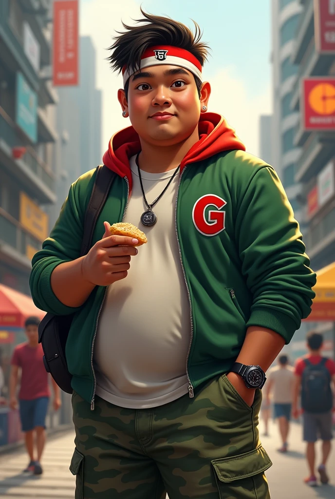 Realist, masterpiece.Real fat guy. 15 year old. Wear head band ((red white)). Green jacket , red "G" logo on body. India man. Average 15 year old. Wear g shock watch. chubby muscle . Cargo pant green camouflage. Hand holding food. Background city.malaysia India face. Real India. Very india. malaysian indian.