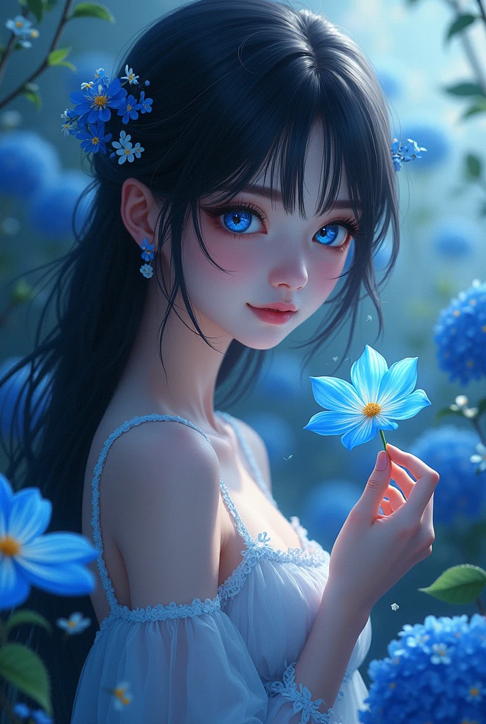 A girl with flowing jet black hair, wearing a dress. Both of his eyes have different colors, one is black and one is blue. Holding a blue spider lily flower, looking at the flowers with a warm smile. There are cherry blossoms around it, Blue Hydrangea, and forget-me-not flowers. Be in a cool place, calm, and peace.